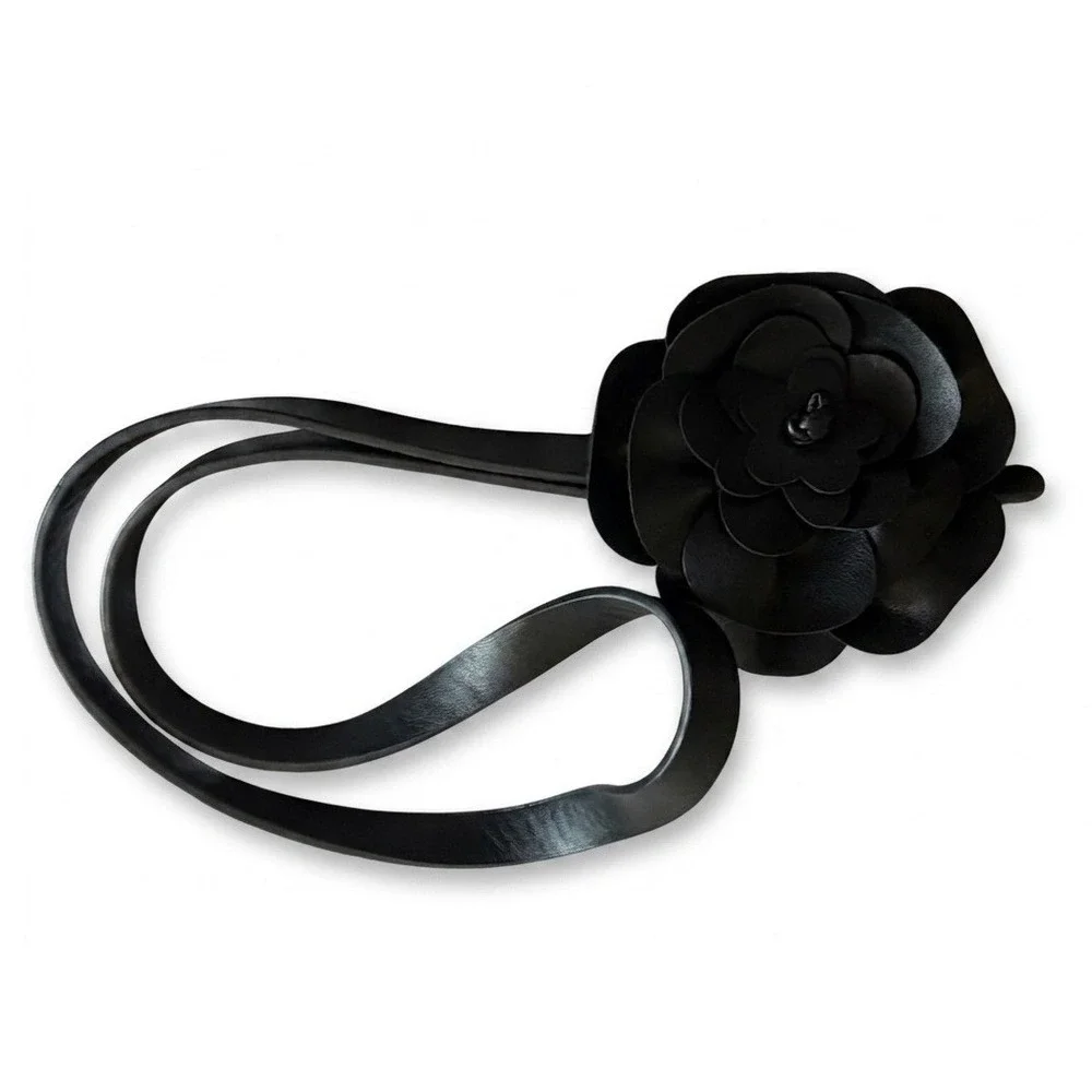 New York‎ & Company Blk Faux Leather Skinny Belt 3D Camellia Flower Rosette L/XL